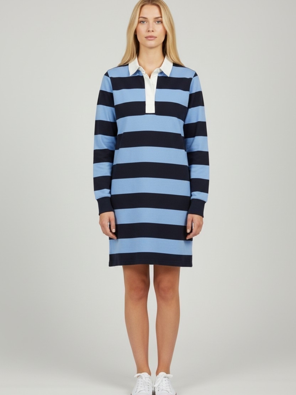 Veronica Beard Rugby Wide Stripe Long-Sleeve Polo Dress in white and blue
